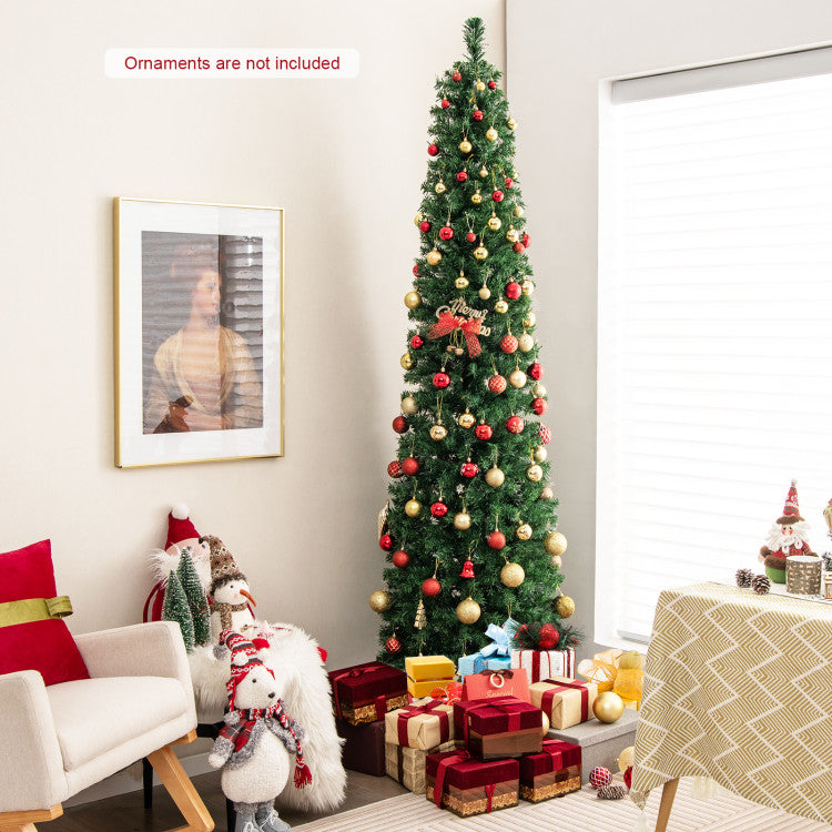 5/6/7/8 FT Pre-Lit Christmas Pencil Tree with Colorful Fiber Optics Green