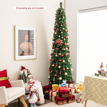 5/6/7/8 FT Pre-Lit Christmas Pencil Tree with Colorful Fiber Optics Green