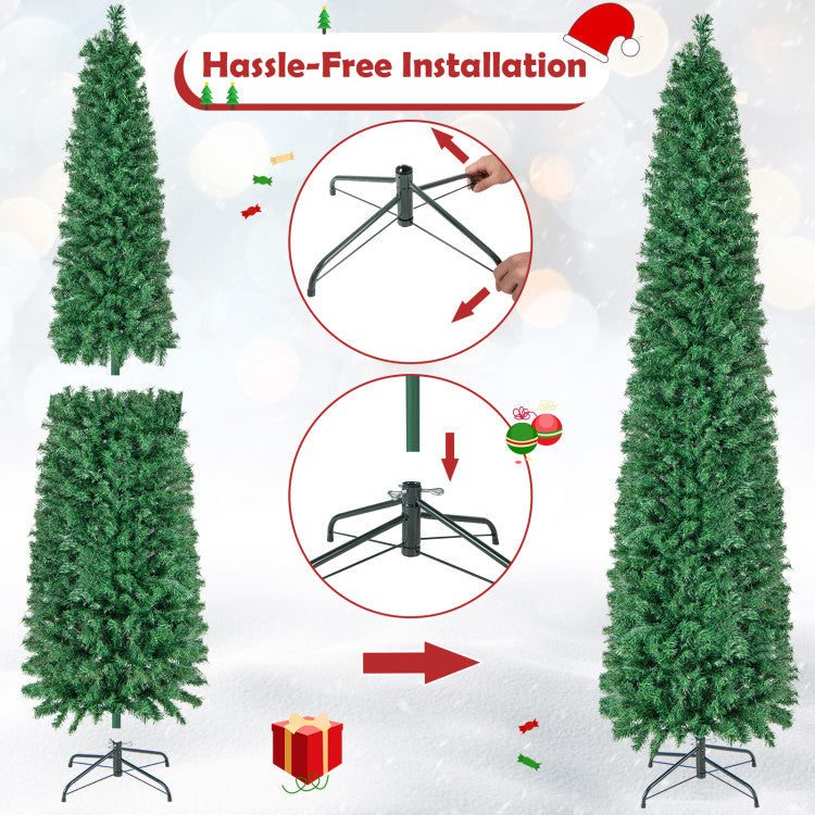 5/6/7/8 FT Pre-Lit Christmas Pencil Tree with Colorful Fiber Optics Green