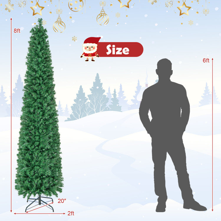 5/6/7/8 FT Pre-Lit Christmas Pencil Tree with Colorful Fiber Optics Green