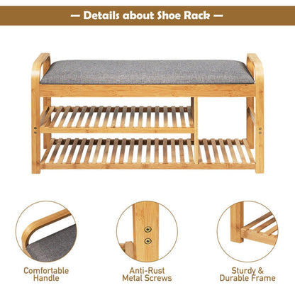 Entryway 3-Tier Bamboo Shoe Rack Bench with Cushion