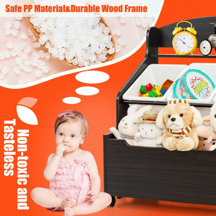 Kids Toy Storage Organizer with Rolling Toy Box and Plastic Bins, Wooden Cabinet