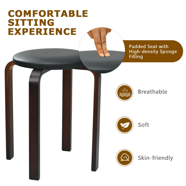 4-Pack Bentwood Stack Stools with PU Leather Round Top