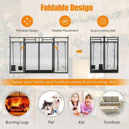 3-Panel Folding Wrought Iron Fireplace Screen with Doors and 4 Pieces Tools Set
