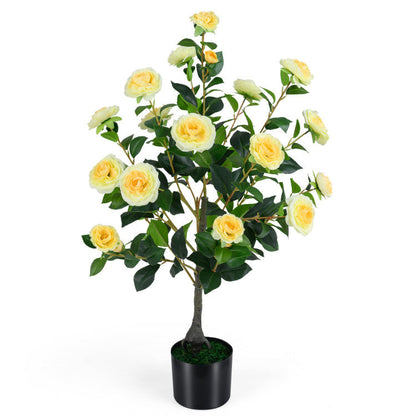 Artificial Camellia Tree Faux Flower Plant in Cement-Filled Pot