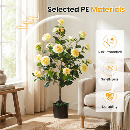 Artificial Camellia Tree Faux Flower Plant in Cement-Filled Pot