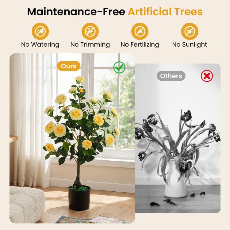 Artificial Camellia Tree Faux Flower Plant in Cement-Filled Pot