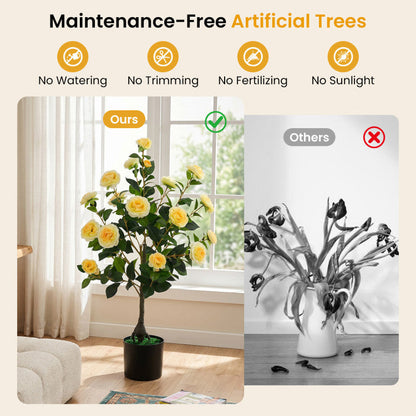 Artificial Camellia Tree Faux Flower Plant in Cement-Filled Pot