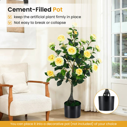 Artificial Camellia Tree Faux Flower Plant in Cement-Filled Pot