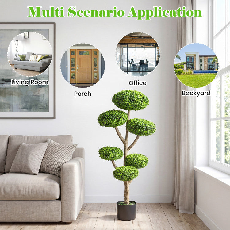 Indoor Outdoor 6 Balls Topiary Tree with Realistic Trunk and Weighted Cement-Filled Base