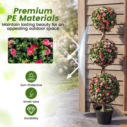 43.5" Artificial Triple Ball Rose Topiary Tree with Lifelike Blooms and Green Leaves