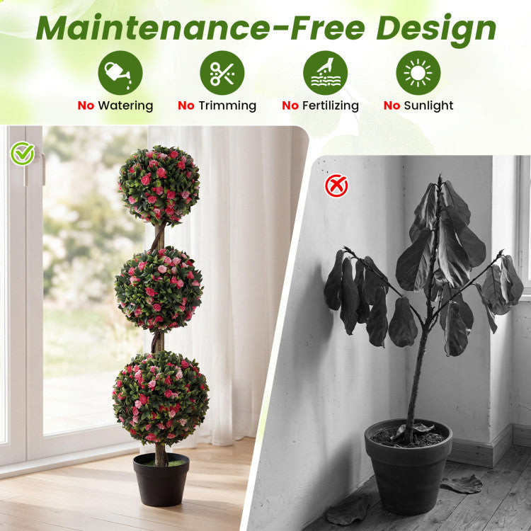 43.5" Artificial Triple Ball Rose Topiary Tree with Lifelike Blooms and Green Leaves