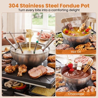 BBQ Grill with Fondue Pot Set and Adjustable Thermostats for 8 People