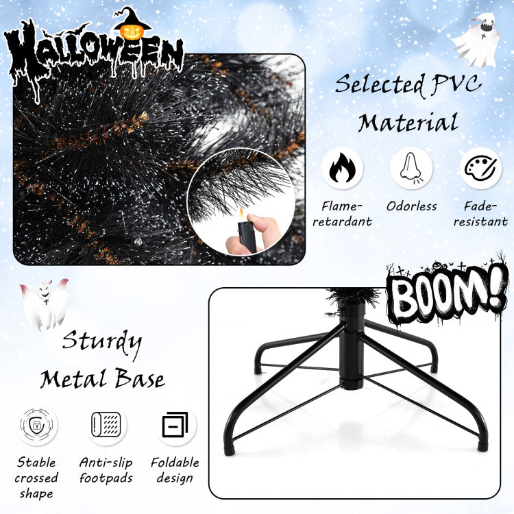 6/7/8 Feet Black Artificial Halloween Christmas Tree with PVC Branch Tips and 210/320/450 Cool White LED Lights