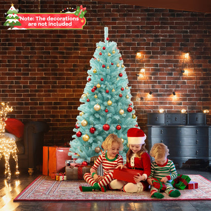 6/7 FT Blue Artificial Christmas Tree with 280/380 Warm White LED Lights and Foldable Metal Stand