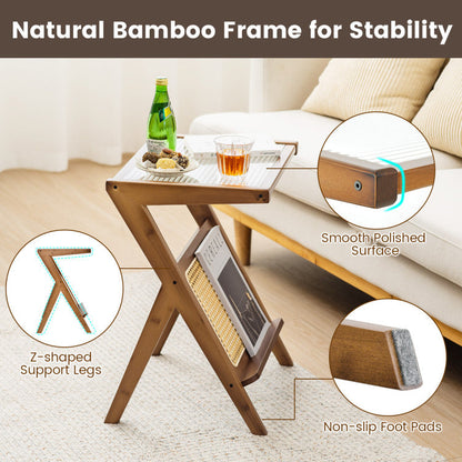 Boho End Table with Magazine Rack and Tempered Glass Top