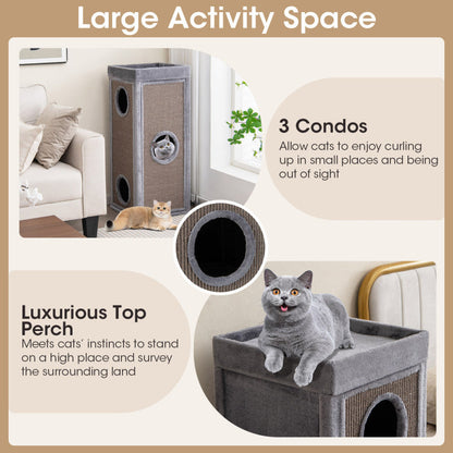 39 Inch Tall Cat Condo with Scratching Posts and 3 Hideaways and 4 Soft Plush Cushions