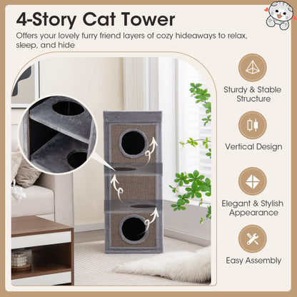 39 Inch Tall Cat Condo with Scratching Posts and 3 Hideaways and 4 Soft Plush Cushions