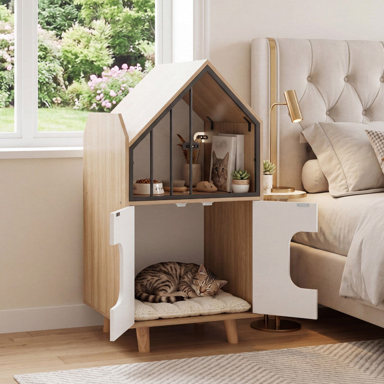 Cat Litter Box Enclosure with Shelf and 2 Doors Wooden House-Shaped for Indoor