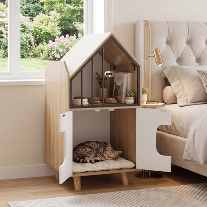 Cat Litter Box Enclosure with Shelf and 2 Doors Wooden House-Shaped for Indoor