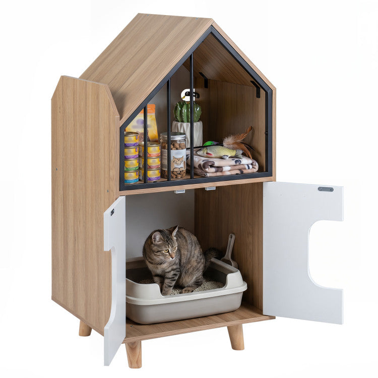 Cat Litter Box Enclosure with Shelf and 2 Doors Wooden House-Shaped for Indoor