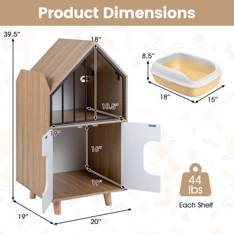 Cat Litter Box Enclosure with Shelf and 2 Doors Wooden House-Shaped for Indoor