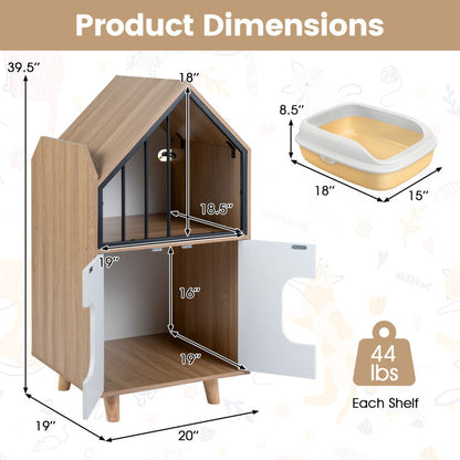 Cat Litter Box Enclosure with Shelf and 2 Doors Wooden House-Shaped for Indoor