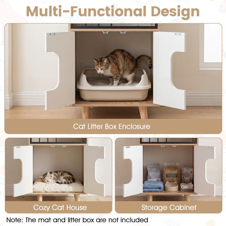 Cat Litter Box Enclosure with Shelf and 2 Doors Wooden House-Shaped for Indoor