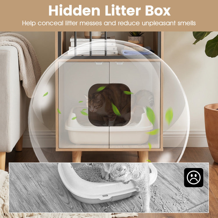 Cat Litter Box Enclosure with Shelf and 2 Doors Wooden House-Shaped for Indoor
