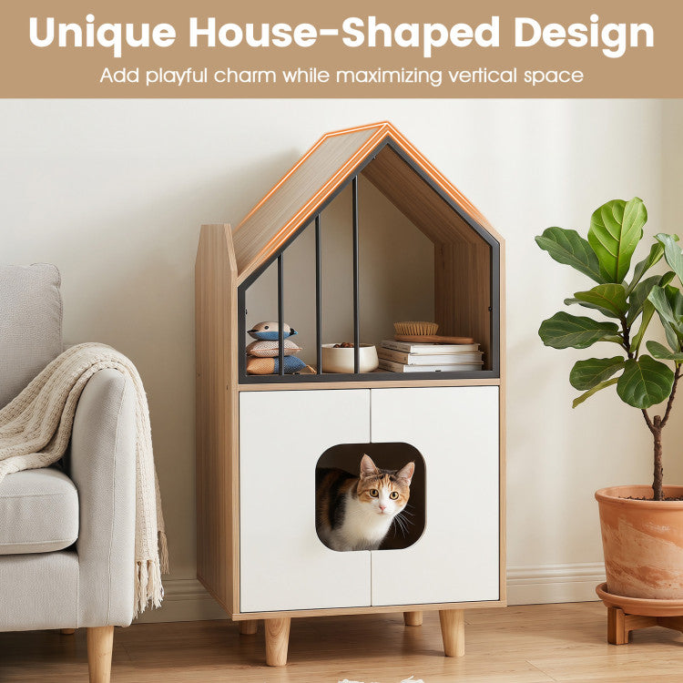 Cat Litter Box Enclosure with Shelf and 2 Doors Wooden House-Shaped for Indoor