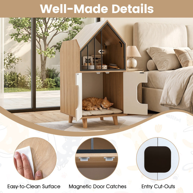 Cat Litter Box Enclosure with Shelf and 2 Doors Wooden House-Shaped for Indoor