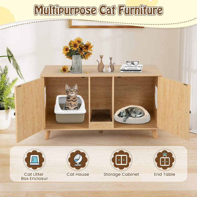 43 Inches Cat Litter Box Enclosure with Double Rooms and 2 Sisal Scratching Mats