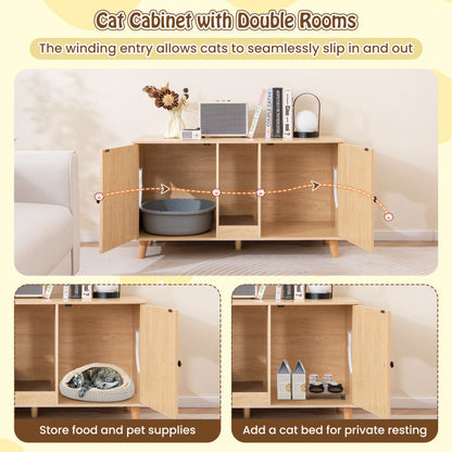 43 Inches Cat Litter Box Enclosure with Double Rooms and 2 Sisal Scratching Mats