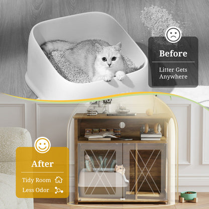 Cat Litter Box Enclosure with Double Barn Doors, Divider, Side Entry and Storage Shelf
