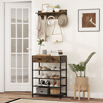 Coat Rack Shoe Stand Set 5-Tier Shoe Rack with Wall-Mounted Coat Hanger