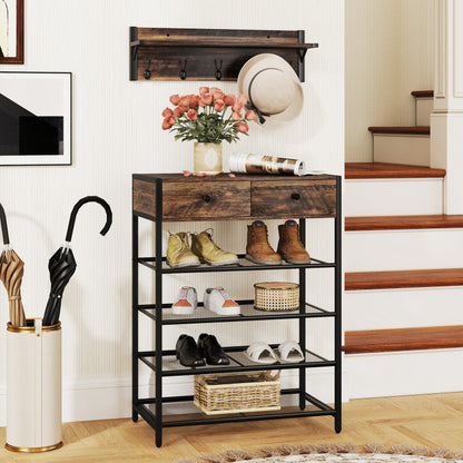Coat Rack Shoe Stand Set 5-Tier Shoe Rack with Wall-Mounted Coat Hanger