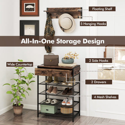 Coat Rack Shoe Stand Set 5-Tier Shoe Rack with Wall-Mounted Coat Hanger