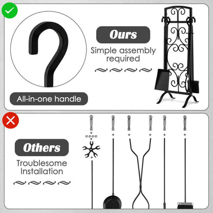 5 Piece Wrought Iron Fireplace Tools with Decor Holder