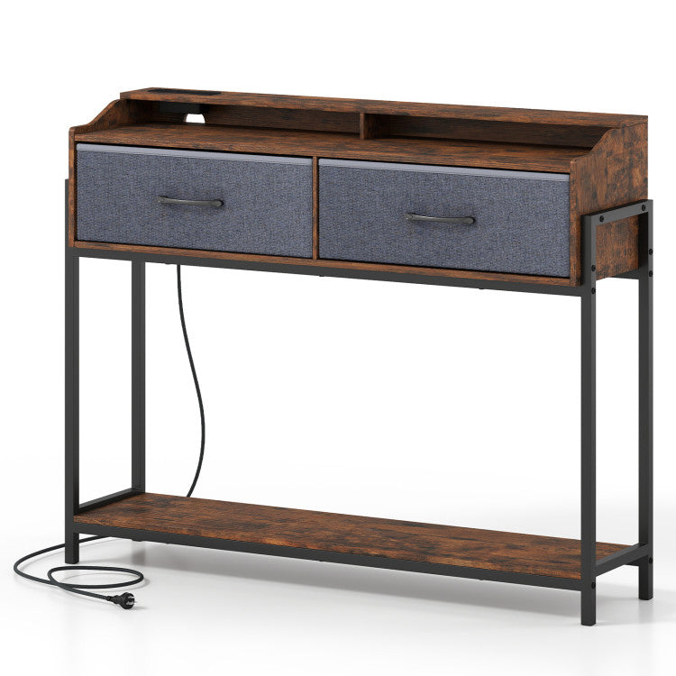 Console Table with Charging Station 110 cm Narrow Entryway Table with 2 Drawers and Shelves