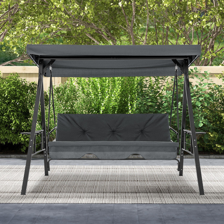 Convertible 3-Seat Patio Porch Swing Chair to Flat Bed with Adjustable Canopy