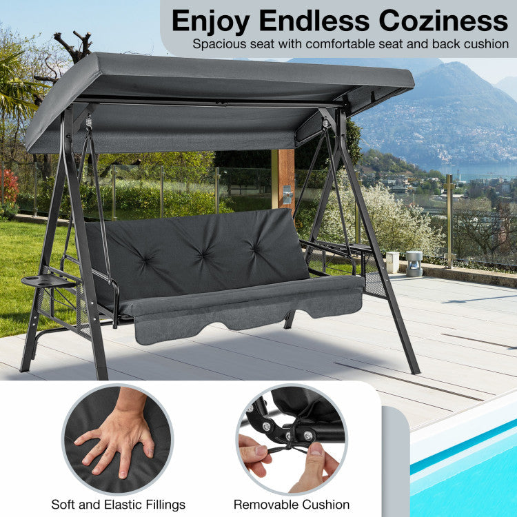 Convertible 3-Seat Patio Porch Swing Chair to Flat Bed with Adjustable Canopy