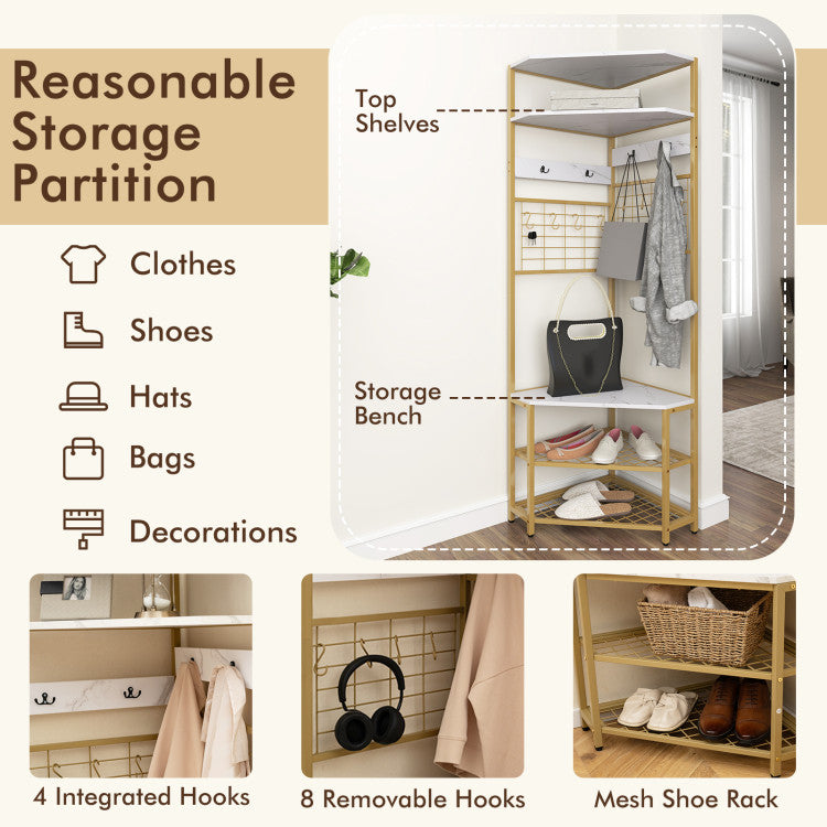 5-Tier Corner Hall Tree with Shoe Storage Bench