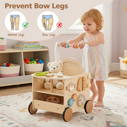 13-In-1 Toddler Wooden Push Walker with Wheels and Storage