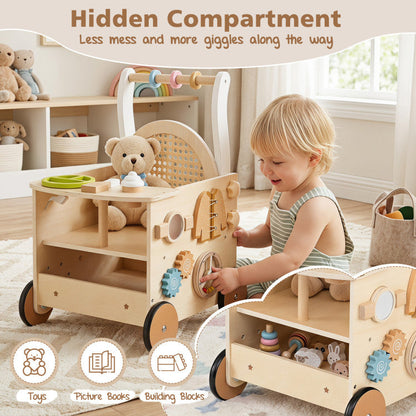13-In-1 Toddler Wooden Push Walker with Wheels and Storage