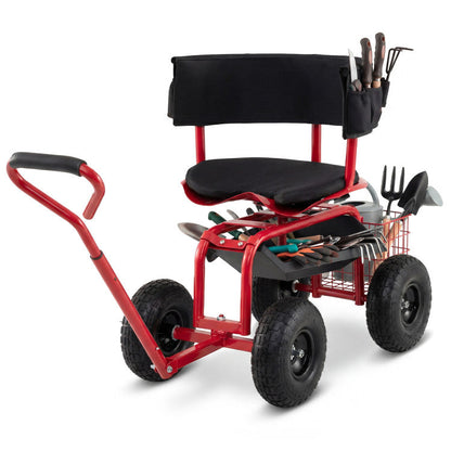 Cushioned Rolling Garden Cart Scooter with Storage Basket and Tool Pouch