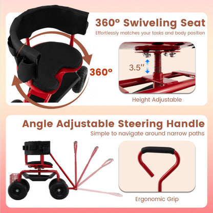 Cushioned Rolling Garden Cart Scooter with Storage Basket and Tool Pouch