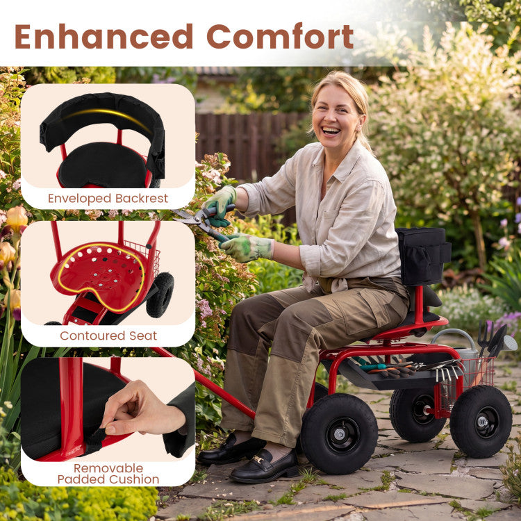 Cushioned Rolling Garden Cart Scooter with Storage Basket and Tool Pouch