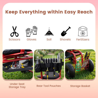 Cushioned Rolling Garden Cart Scooter with Storage Basket and Tool Pouch