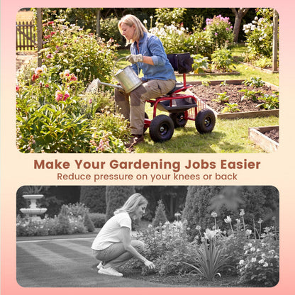 Cushioned Rolling Garden Cart Scooter with Storage Basket and Tool Pouch