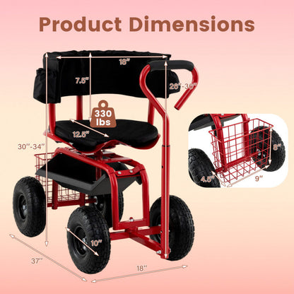 Cushioned Rolling Garden Cart Scooter with Storage Basket and Tool Pouch
